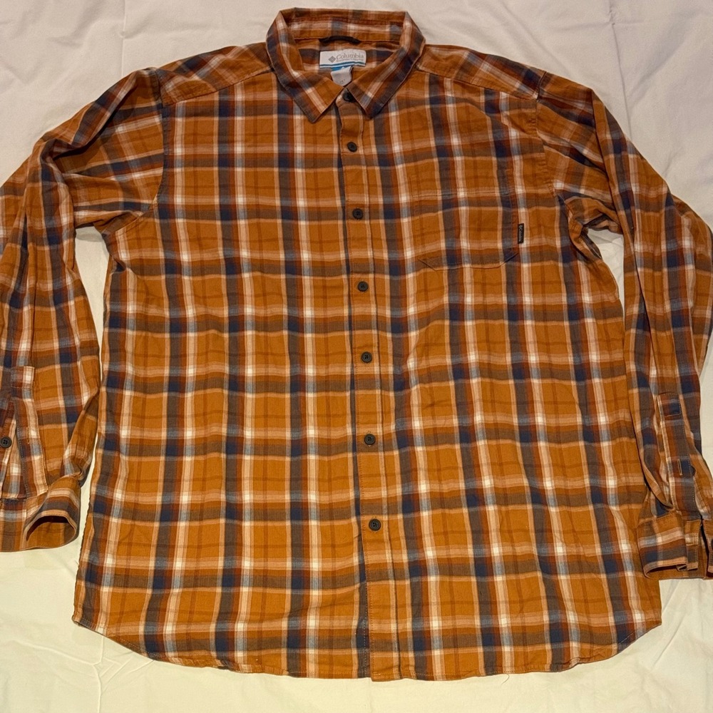 Columbia Mens 2XT Tall Long Sleeve Plaid Button Down Shirt Orange Brown Blue